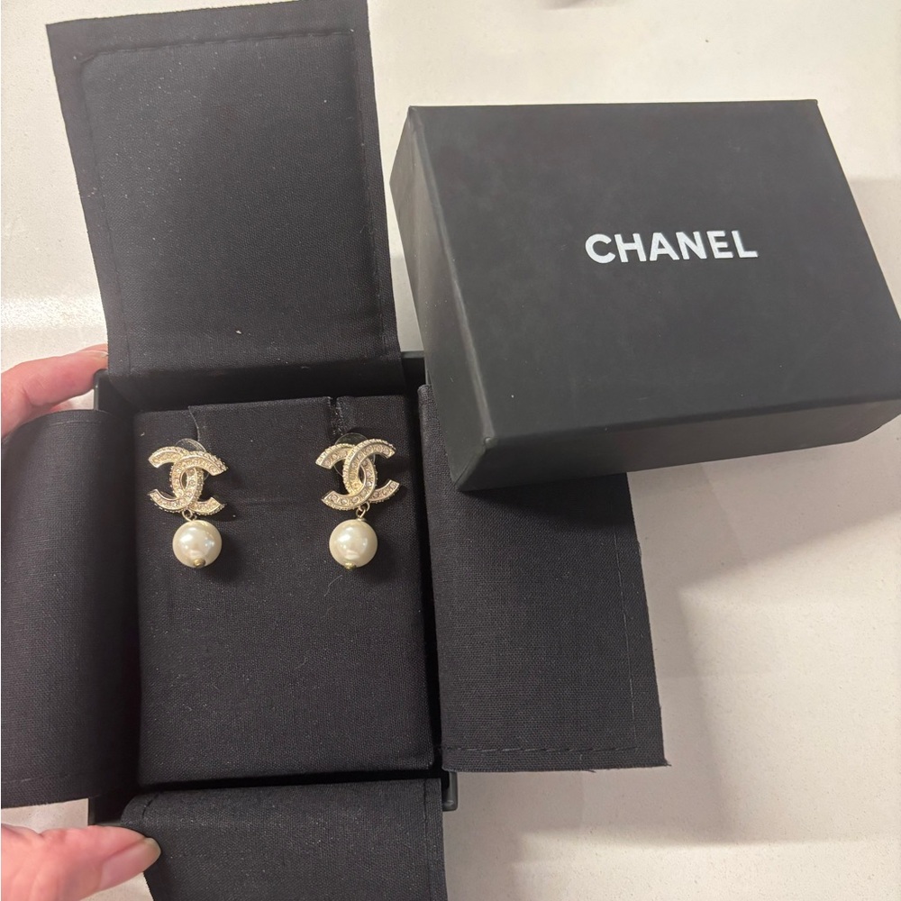 CHANEL Gold and White Pearl Earrings